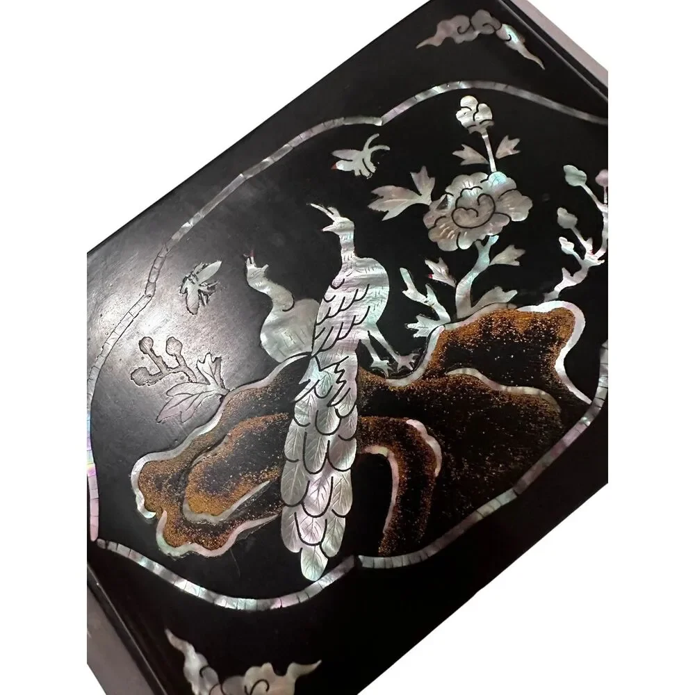 Vintage Chinoiserie Peacock Abalone Black Lacquer Asian Jewelry Trinket Box